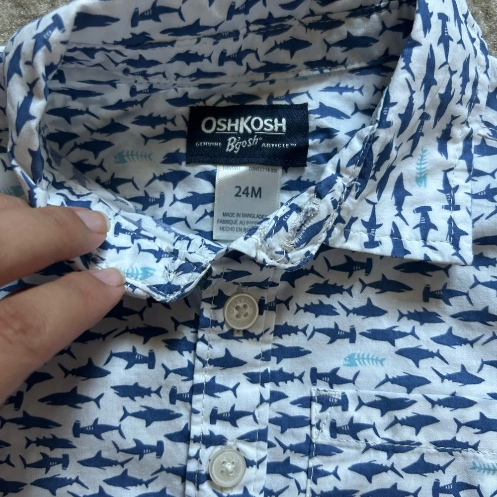 Oshkosh B’Gosh Baby Boy Blue Shark Pattern Button Up Bodysuit 24M